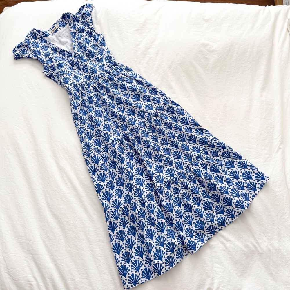 Boden May Shell Print Cotton Midi Dress Blue White Cap Sleeve Size US 4R UK 8R - Picture 2 of 7